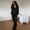 Women's Black Sequin Floral Embroidery Blazer Set 2 Piece Outfits Single Breasted Mid-Length Jacket Wide Leg Pants Elegant Fashion Streetwear Commuter Party Set