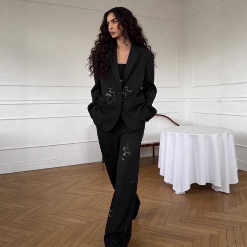 Women's Black Sequin Floral Embroidery Blazer Set 2 Piece Outfits Single Breasted Mid-Length Jacket Wide Leg Pants Elegant Fashion Streetwear Commuter Party Set
