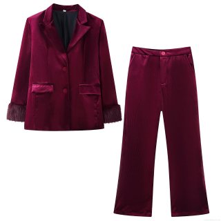 Women's Velvet Two Piece Blazer Suit Faux Fur Cuff Patchwork Long Sleeve Jacket High Waist Wide Leg Pants Set Burgundy Streetwear Party Office Elegant Outfit