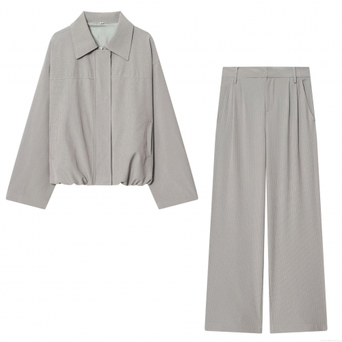 Women Pinstripe Casual Jacket And High Waist Wide Leg Pants Two Piece Set Polyester Long Sleeve Zipper Top And Loose Trousers Outfits For Ladies Streetwear