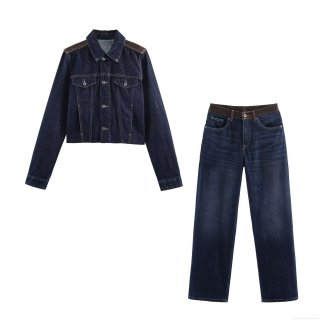 Women's Patchwork Denim Jacket and High Waist Jeans Two Piece Set Dark Blue Faux Leather Contrast Streetwear Workwear Casual Jean Outfit Set for Women