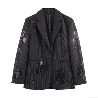 Elegant Women Striped Sequin Blazer Pants Two Piece Set Casual Long Sleeve Suit Jacket Wide Leg Trousers Floral Embroidery Stage Party Streetwear Outfit