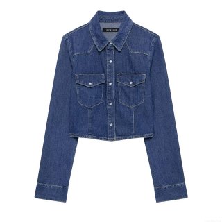 Women's Denim 2 Piece Outfits Deep Blue Cropped Jeans Shirt Jacket And High Waisted Wide Leg Pants Suit Casual Streetwear Set For Ladies