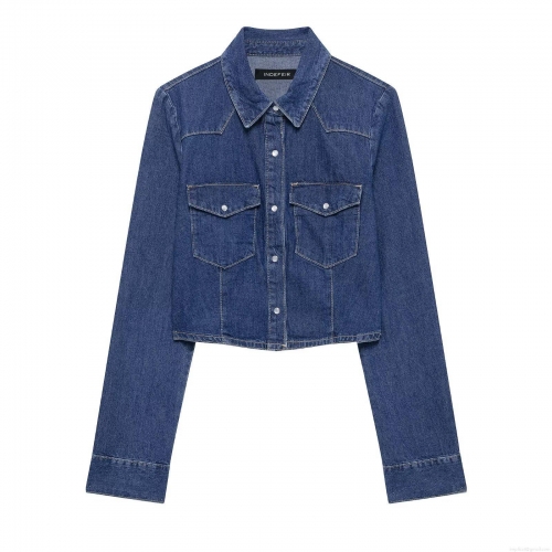 Women's Denim 2 Piece Outfits Deep Blue Cropped Jeans Shirt Jacket And High Waisted Wide Leg Pants Suit Casual Streetwear Set For Ladies