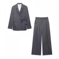 Women's Grey Pinstripe Suit Set Polyester Long Sleeve Belted Blazer And Wide Leg Trousers Two Piece Fashion Casual Office Outfit For Ladies