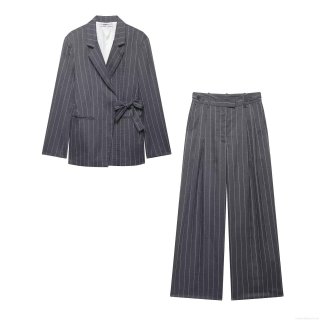 Women's Grey Pinstripe Suit Set Polyester Long Sleeve Belted Blazer And Wide Leg Trousers Two Piece Fashion Casual Office Outfit For Ladies