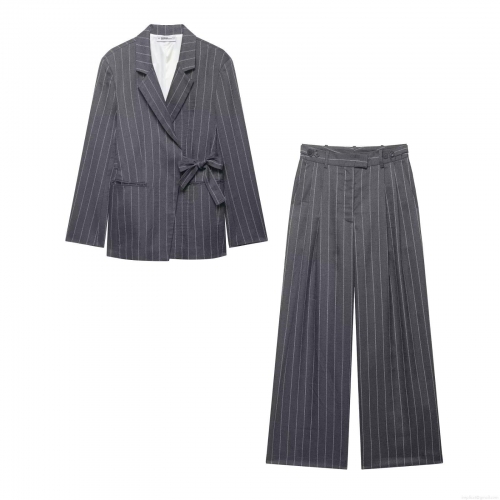 Women's Grey Pinstripe Suit Set Polyester Long Sleeve Belted Blazer And Wide Leg Trousers Two Piece Fashion Casual Office Outfit For Ladies