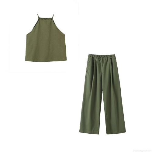 Women's Casual Linen Blend Two Piece Set Halter Neck Sleeveless Top And Wide Leg Pants Solid Color Summer Vacation Beach Outfits