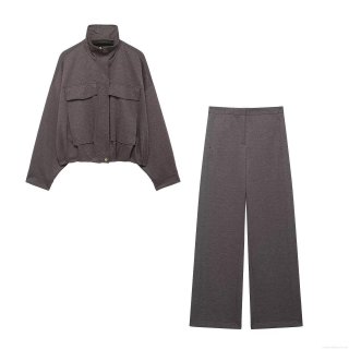 Women's 2 Piece Casual Set Streetwear Stand Collar Bomber Jacket With High Waist Straight Leg Trousers 100% Polyester Woven Outfits Solid Color Fall Spring Fashion Jackets And Pants