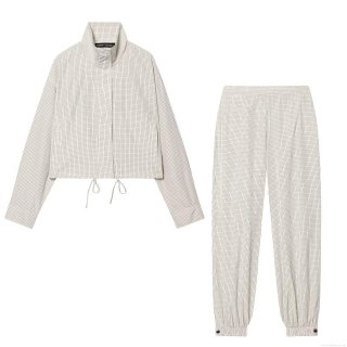 Women's Gingham Print Casual Two-Piece Set Polyester Canvas Stand Collar Drawstring Jacket And Elastic Waist Jogger Pants Streetwear Outfit