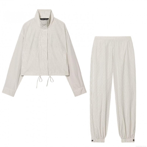 Women's Gingham Print Casual Two-Piece Set Polyester Canvas Stand Collar Drawstring Jacket And Elastic Waist Jogger Pants Streetwear Outfit