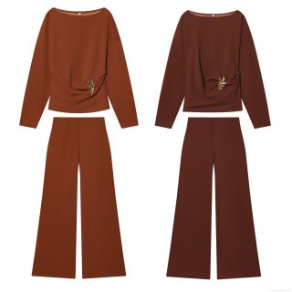 Women's 2 Piece Set Elegant Off Shoulder Long Sleeve Buckle Top And High Waist Wide Leg Pants Polyester Solid Color Streetwear Casual Outfit