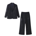 Women Striped Blazer And Wide Leg Pants Set Sequin Flower Embroidery Casual High Waist Two Piece Outfits For Office Streetwear