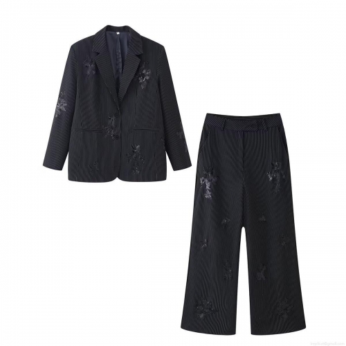 Women Striped Blazer And Wide Leg Pants Set Sequin Flower Embroidery Casual High Waist Two Piece Outfits For Office Streetwear