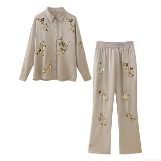 Women's 2 Piece Satin Pants Set Elegant Sequin Floral Embroidery Long Sleeve Button Down Shirt And Elastic Waist Wide Leg Pants Set For Party Holiday Vacation Vintage Outfits