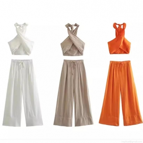 Women's 2 Piece Vacation Set Halter Cross Wrap Crop Top and High Waist Wide Leg Pants 100% Polyester Linen Texture Summer Beach Outfit