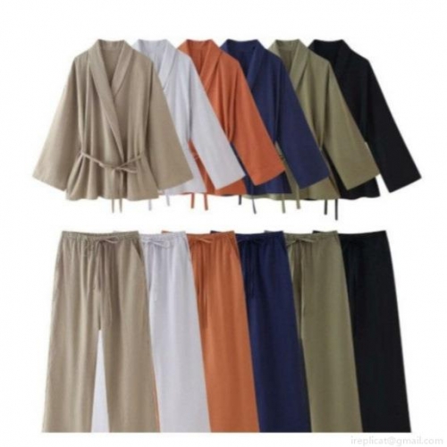 Women's Casual Kimono Tie Wrap Top And Wide Leg Pants Set 100% Polyester Linen Texture Breathable Two Piece Lounge Outfit For Vacation Summer Daily Wear