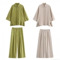 Minimalist Women's Pants Set Linen Blend Long Sleeve Button Down Slit Shirt Elastic Waist Wide Leg Trousers Casual Summer Vacation Two Piece Outfits