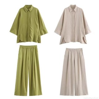 Minimalist Women's Pants Set Linen Blend Long Sleeve Button Down Slit Shirt Elastic Waist Wide Leg Trousers Casual Summer Vacation Two Piece Outfits