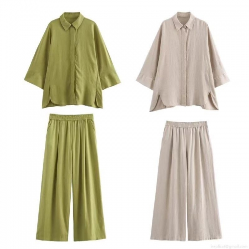 Minimalist Women's Pants Set Linen Blend Long Sleeve Button Down Slit Shirt Elastic Waist Wide Leg Trousers Casual Summer Vacation Two Piece Outfits
