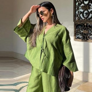 Women Casual Two-Piece Sets Linen Texture Flare Sleeve Tie-Up V-Neck Top And High Waist Wide Leg Pants Vacation Outfits Lady Summer Suit