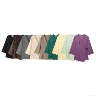 Women 2 Piece Kimono Set Linen Texture Wrap Tie Side Long Sleeve Top And Wide Leg Pants Set Solid Color Casual Streetwear Japanese Style Loungewear Suit For Women