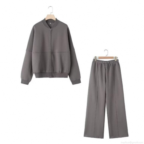 Women's 2 Piece Casual Fleece Lined Tracksuit Set Zipper Bomber Jacket Hoodie And High Waist Wide Leg Sweatpants Loungewear Outfit