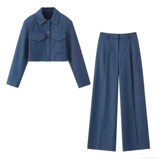 Women Two Piece Set Solid Blue Denim Style Short Jacket And High Waist Wide Leg Pants Polyester Elegant Office Lady Streetwear Long Sleeve Outfit