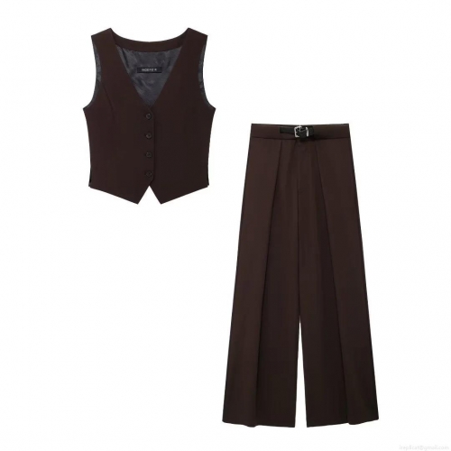 Women's 2 Piece Elegant Suit Set Sleeveless V Neck Waistcoat Vest and High Waist Wide Leg Trousers With Belt Solid Color Office Lady Commuter Casual Outfits Polyester Blend Fashion Set for Women