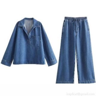 Women's Casual Denim Two Piece Set Washed Long Sleeve V-Neck Shirt And High Waisted Wide Leg Pants Loose Vacation Outfits For Ladies