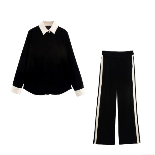 Women Elegant Velvet Two Piece Set Long Sleeve Contrast Collar Shirt And Wide Leg Side Stripe Pants Casual Velour Co-ord Suits For Autumn Winter Women