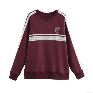 Women's Vintage Burgundy Fleece Sweatshirt Pants Casual Set With White Lace Patchwork Round Neck Long Sleeve Top And Wide Leg Side Stripe Trousers Letter Embroidery Loungewear