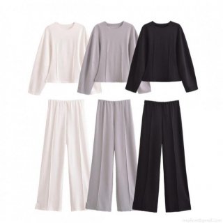 Women's Casual Two Piece Lounge Set Polyester Satin Long Sleeve Crewneck Top and High Waist Wide Leg Pants Solid Color Streetwear Tracksuit Outfits