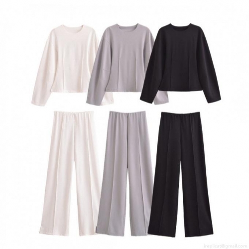 Women's Casual Two Piece Lounge Set Polyester Satin Long Sleeve Crewneck Top and High Waist Wide Leg Pants Solid Color Streetwear Tracksuit Outfits