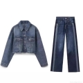 Women Fashion Denim Two Piece Set Cropped Denim Jacket And High Waist Wide Leg Side Panel Jeans Pants Streetwear Matching Outfits Cotton Blend Blue