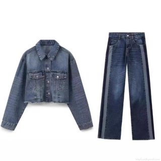 Women Fashion Denim Two Piece Set Cropped Denim Jacket And High Waist Wide Leg Side Panel Jeans Pants Streetwear Matching Outfits Cotton Blend Blue