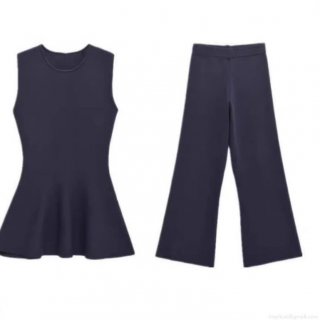 Elegant Knit Two Piece Set Sleeveless Peplum Top and Wide Leg Pants Solid Color Polyester Casual Outfits For Women Party Clubwear