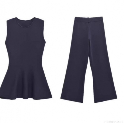 Elegant Knit Two Piece Set Sleeveless Peplum Top and Wide Leg Pants Solid Color Polyester Casual Outfits For Women Party Clubwear