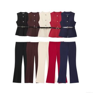Women 2-Piece Business Suit Set Sleeveless Peplum Vest With Belt And High Waist Flare Pants Polyester Twill Solid Color Elegant Office Lady Streetwear Outfit