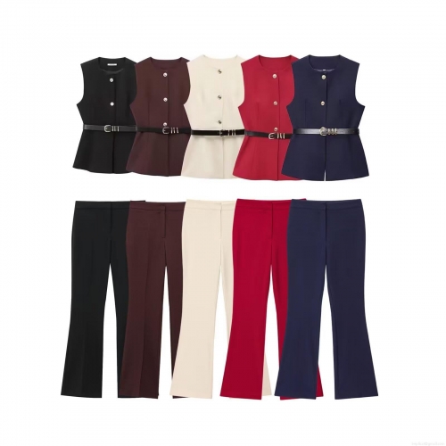 Women 2-Piece Business Suit Set Sleeveless Peplum Vest With Belt And High Waist Flare Pants Polyester Twill Solid Color Elegant Office Lady Streetwear Outfit