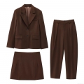 Women's 3-Piece Business Suit Set Deep Brown Lapel Single Breasted Blazer High Waist Wide Leg Pants And A-Line Mini Skirt Office Lady Professional Workwear Outfits