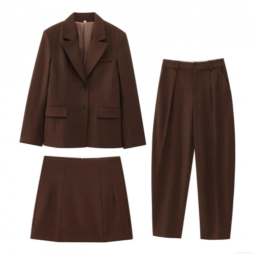 Women's 3-Piece Business Suit Set Deep Brown Lapel Single Breasted Blazer High Waist Wide Leg Pants And A-Line Mini Skirt Office Lady Professional Workwear Outfits