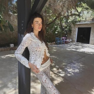 Women White Lace Polyester Two Piece Set Perspective Ruffle Flare Sleeve Tie Front Top And High Waist Flare Pants Bohemian Vacation Outfits