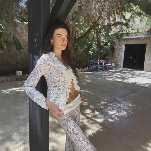 Women White Lace Polyester Two Piece Set Perspective Ruffle Flare Sleeve Tie Front Top And High Waist Flare Pants Bohemian Vacation Outfits