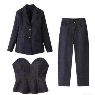 Women Fashion Dark Blue Denim 3-Piece Set With Blazer Bustier Corset Top And Wide Leg Trousers Casual Streetwear European American Style Indigo Denim Outfits For Women