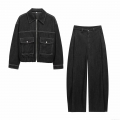 Women's Casual Denim Three Piece Set With Contrast Stitching Zip Up Cargo Jacket Tube Top And High Waist Wide Leg Long Pants Streetwear