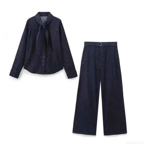 Women's Denim Suit Set Long Sleeve Bow Tie Shirt and High Waist Wide Leg Pants with Belt Two Piece Streetwear Casual Denim Outfit for Women