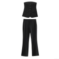 Sexy Women's Two Piece Set Off-Shoulder 5-Button Vest Top And High Waisted Flare Pants Slim Fit Polyester Woven Suit For Business Casual Party Streetwear Elegant Black Office Outfit