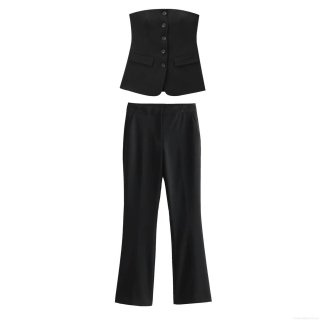 Sexy Women's Two Piece Set Off-Shoulder 5-Button Vest Top And High Waisted Flare Pants Slim Fit Polyester Woven Suit For Business Casual Party Streetwear Elegant Black Office Outfit