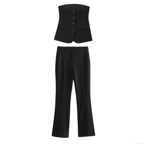 Sexy Women's Two Piece Set Off-Shoulder 5-Button Vest Top And High Waisted Flare Pants Slim Fit Polyester Woven Suit For Business Casual Party Streetwear Elegant Black Office Outfit